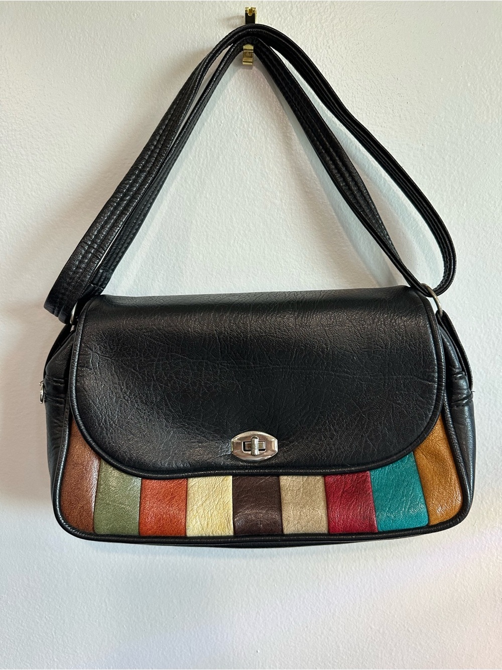 Vintage Y2K Colorblock Faux Leather Shoulder Bag Black Stripe Baguette Purse